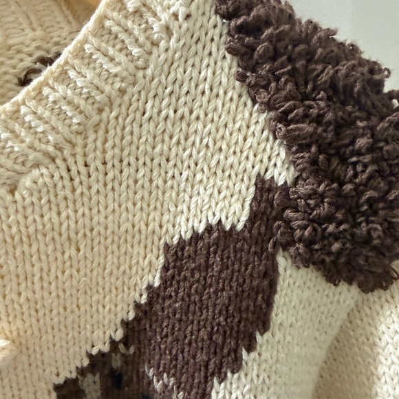 Vintage Eagles Eye 100%!Cotton Hand Knit Squirrel Motif Pom Poms Sweater SZ L - Picture 5 of 6